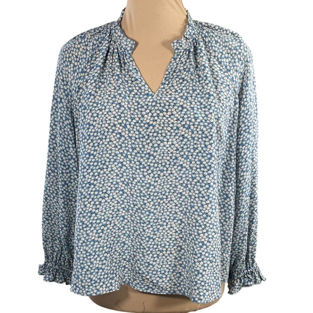 Madewell Silk Poet Popover Top Bitsy Floral Blue Size XS Extra Small Long Sleeve